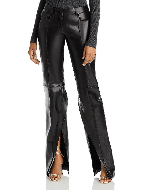 Low Price Womens Lambskin Leather High Rise Straight Leg Pants