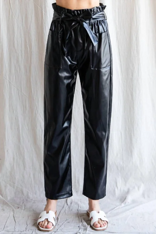 Stock Clearance Faux Leather Belted Waist Pants In Black
