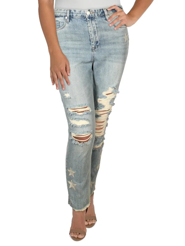 Weekend Bargains to Sizzle Womens Denim Patchwork Straight Crop Jeans