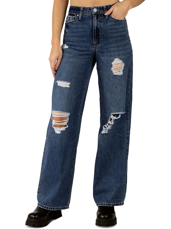 Today's Deal Juniors Womens High Rise Distressed Straight Leg Jeans