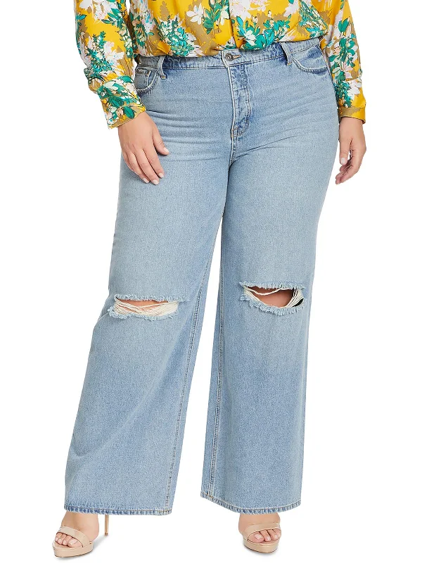 Lowest Price Plus Womens Destroyed Denim Wide Leg Jeans