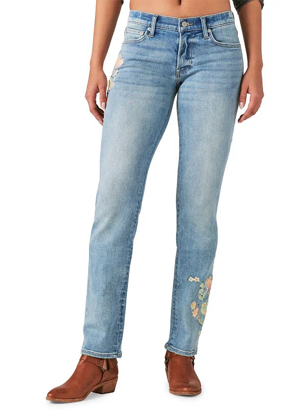 Weekend Special Womens Floral Embroidered Straight Leg Jeans