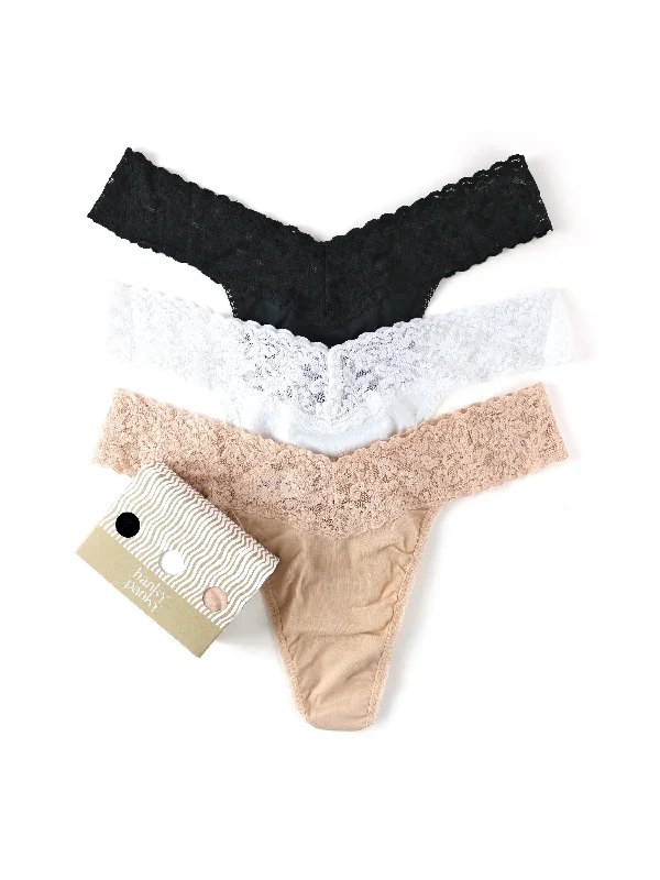 Midnight Sale 3 Pack Supima® Cotton Original Rise Thongs with Lace Black/White/Chai