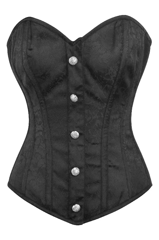 Act Fast Black Brocade Overbust Corset with Front Zip and Button Detailing