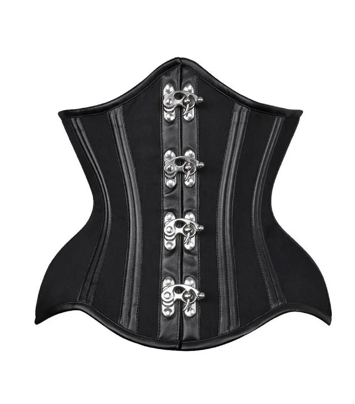 Black Cotton& Faux Leather Authentic Steel Boned Underbust  Waist Training Corset