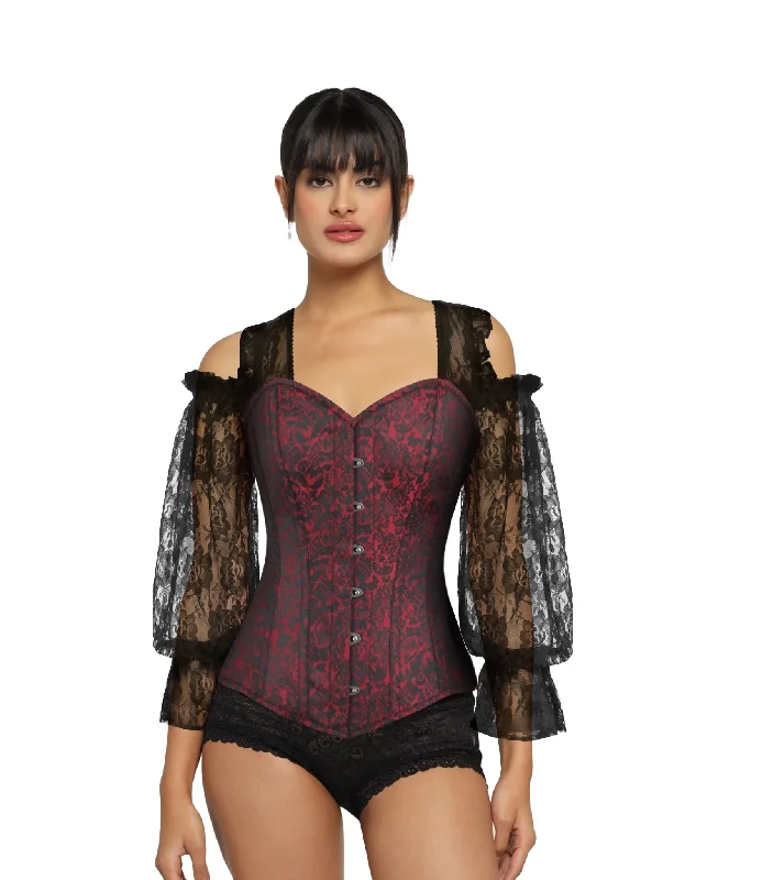 Exclusive Online Offer Black Red Brocade Overbust  Long Sleeves Corset