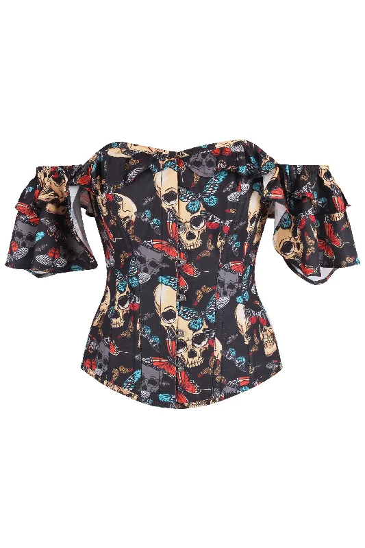 Weekend Specials to Love Butterfly and Skull Print Corset Top With Frilled Sleeve