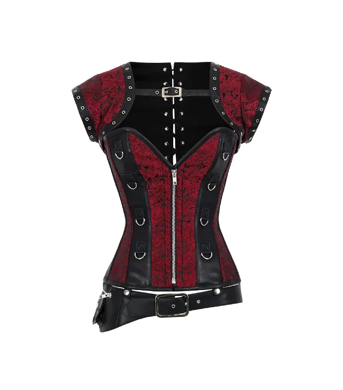 Weekend Special Red Brocade & Black Faux Leather Gothic Overbust Corset
