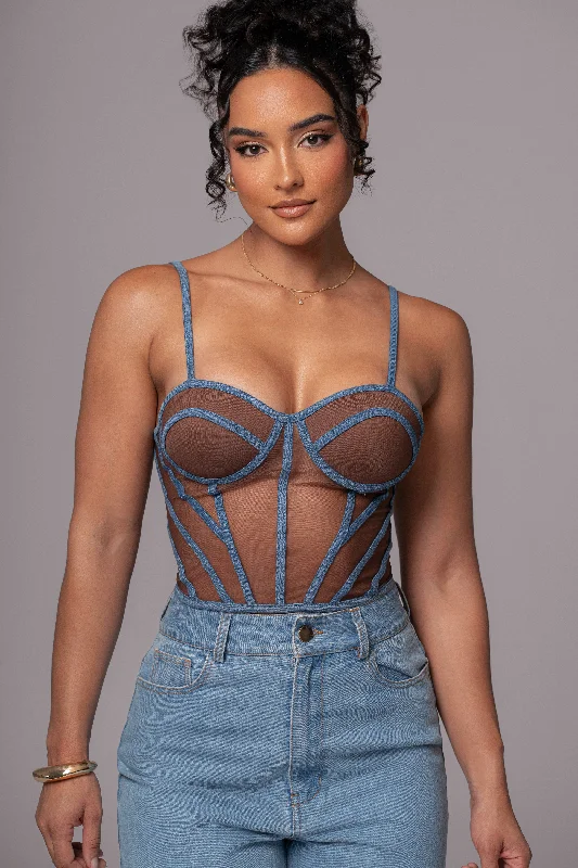 Midnight Madness Dark Denim Illusion Mesh Bustier