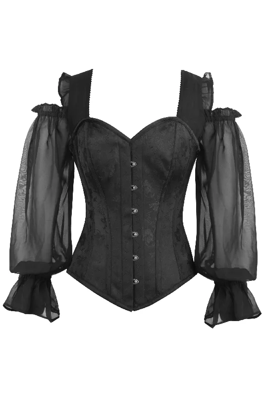 Hurry In Desbiens Long Sleeve Black Brocade Corset With Chiffon Sleeves