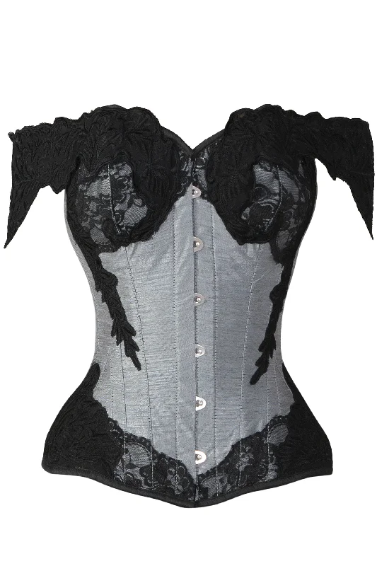 Online Only Grey Longline Corset Top with Lace Cap Sleeve