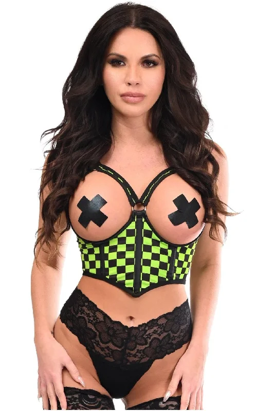 Weekend Offers That Delight Lavish Neon Green Checker Underwire Open Cup Lycra Cincher w/Criss Cross Back Weekend Offers That Delight Lavish Neon Green Checker Underwire Open Cup Lycra Cincher w/Criss Cross Back