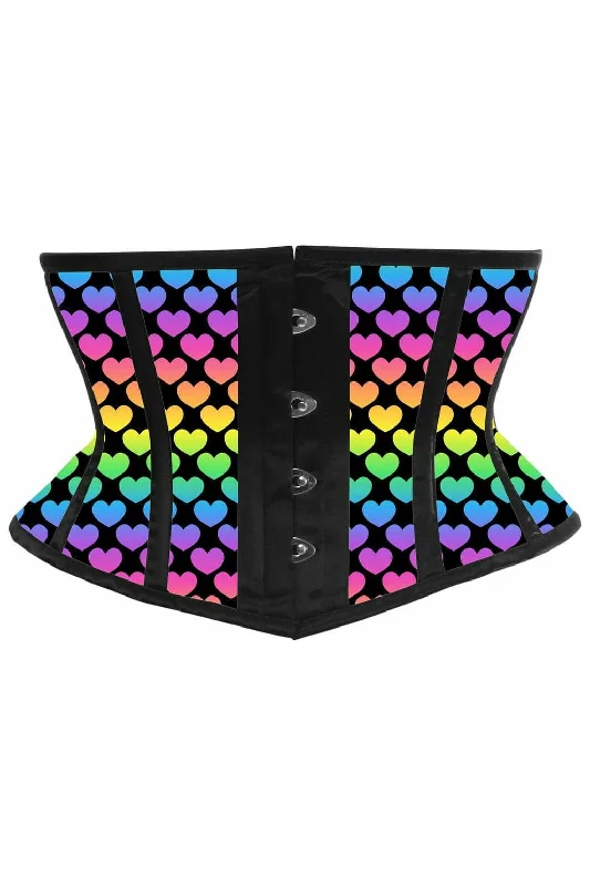 Lavish Rainbow Hearts Print Satin Mini Cincher Corset