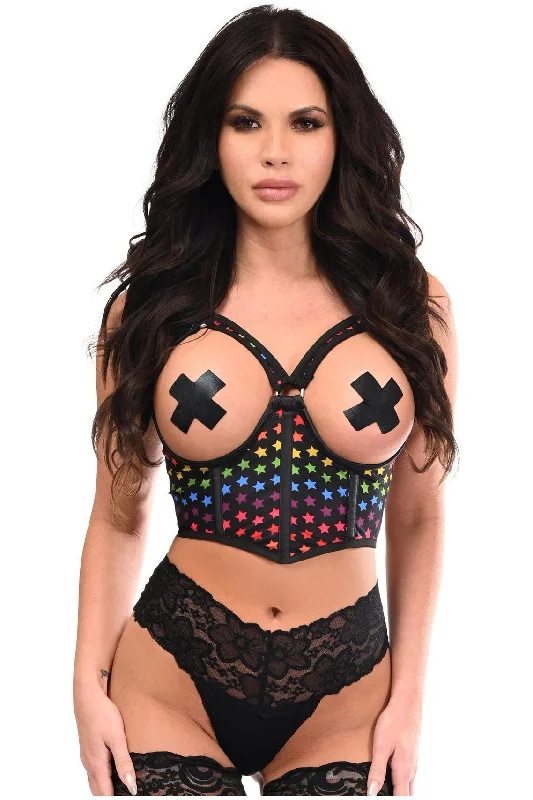 Weekend Savings Fiesta Lavish Rainbow Stars Underwire Open Cup Mesh Cincher w/Criss Cross Back Weekend Savings Fiesta Lavish Rainbow Stars Underwire Open Cup Mesh Cincher w/Criss Cross Back