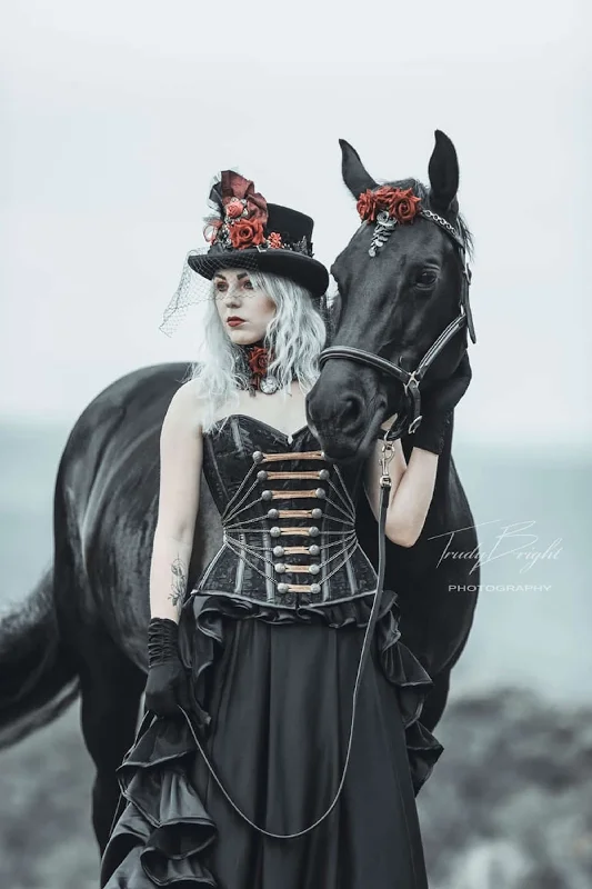 Shop and Save Black Satin Military Corset with Chain and PVC Detail