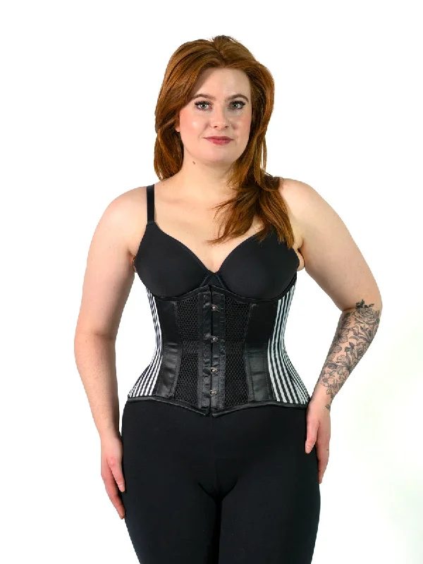 Can't Be Beat Limited Edition Satin & Mesh, Black & White Stripe Hourglass Curve Standard Underbust Corset : CS-426 Can't Be Beat Limited Edition Satin & Mesh, Black & White Stripe Hourglass Curve Standard Underbust Corset : CS-426