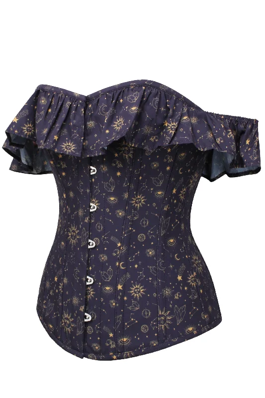 Extra Discounts Mystic Galaxy Indigo And Gold Corset Top With Bardot Sleeve