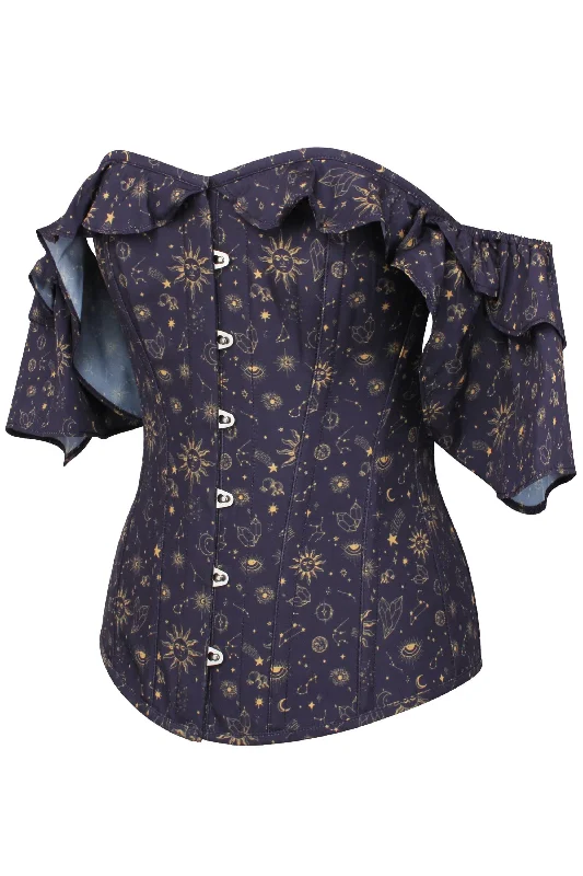 Super Bargain Mystic Galaxy Indigo And Gold Corset Top With Frilled Sleeve