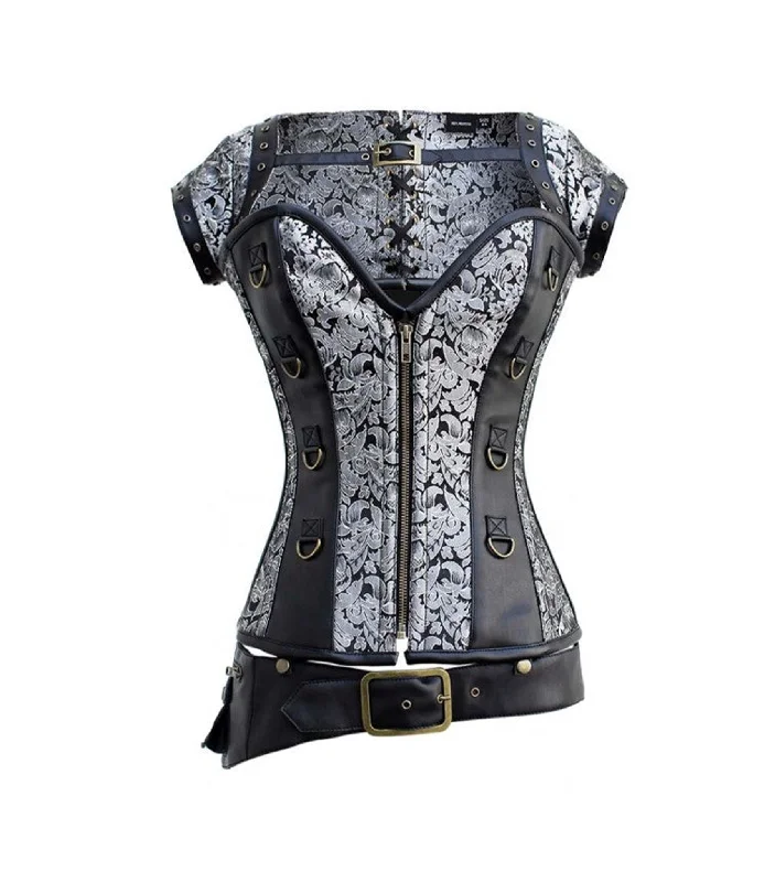 Clearance Sale Silver Brocade & Black Faux Leather Gothic Overbust Corset