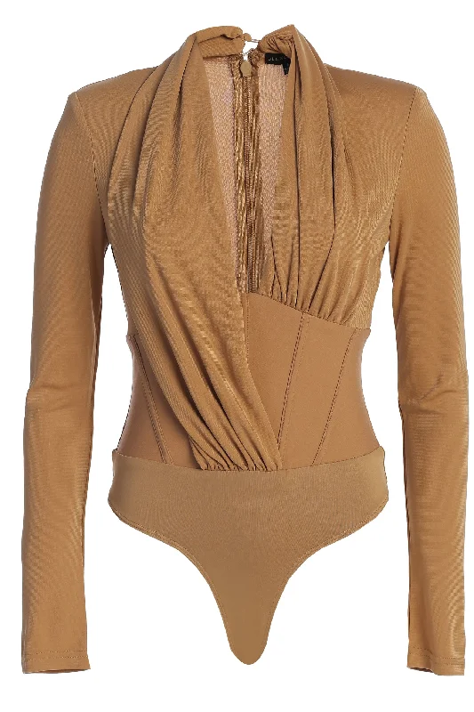 Take Advantage Tan Drape Corset Bodysuit
