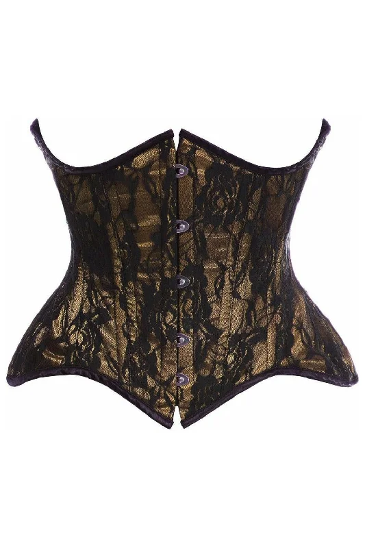 Stock Up Top Drawer Beige w/Black Lace Double Steel Boned Curvy Cut Waist Cincher Corset