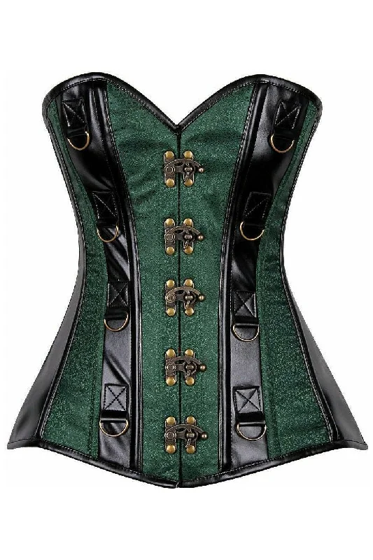Early Access Top Drawer Dark Green Brocade & Faux Leather Steel Boned Corset