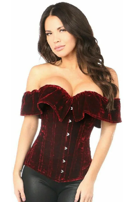 Holiday Sale Top Drawer Dark Red Velvet Off-The-Shoulder Steel Boned Corset
