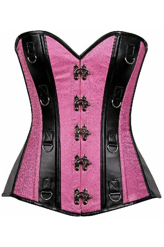 Midnight Madness Top Drawer Pink Brocade & Faux Leather Steel Boned Corset