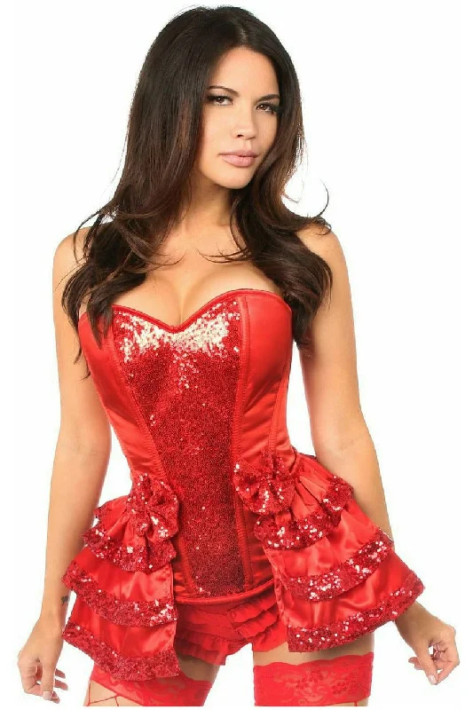 Bonus Savings Top Drawer Red Satin & Sequin Steel Boned Corset w/Removable Snap Skirt