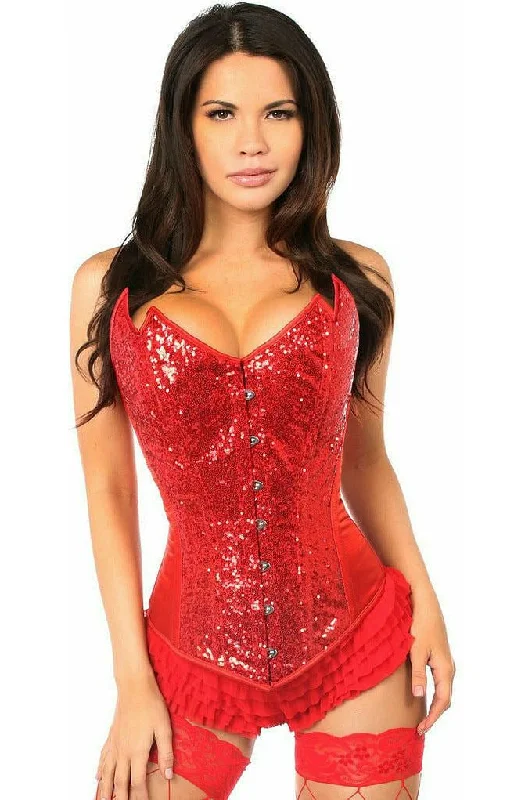 Discount Mania Top Drawer Red Sequin Pointed Top Steel Boned Corset