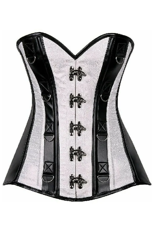 Savings Event Top Drawer White Brocade & Faux Leather Steel Boned Corset