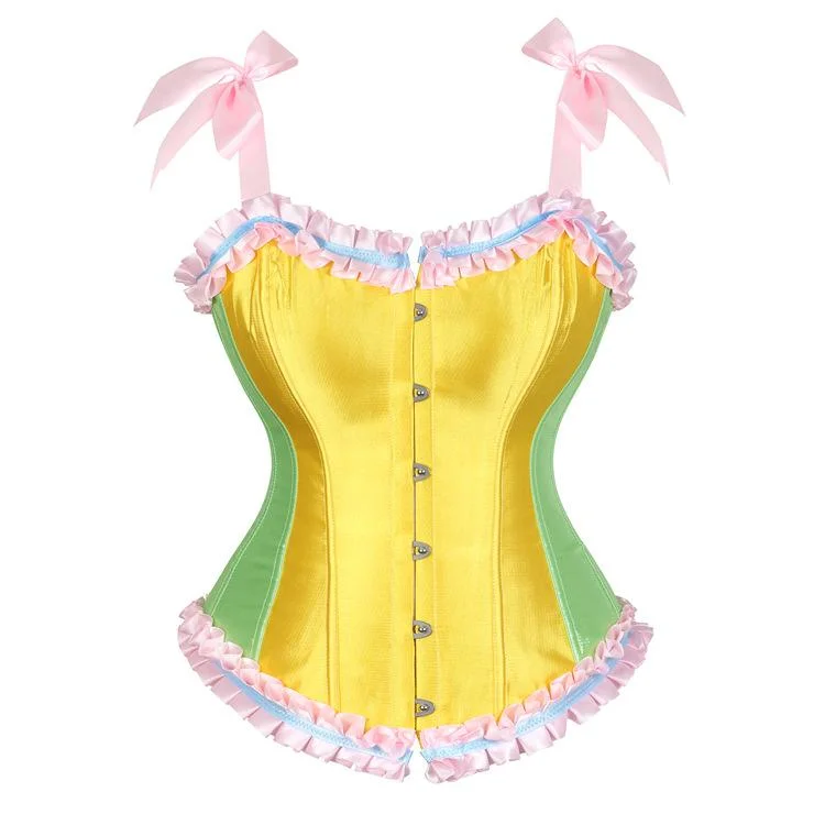 Great Deal Women's Burlesque Contrast Color Satin Ruffles Hem Overbust Corsets