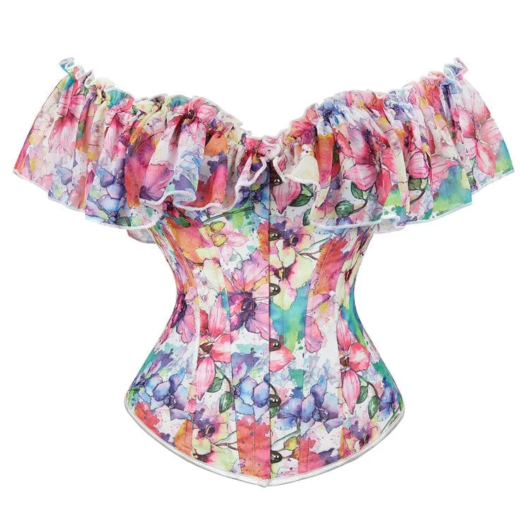 Special Buy Women's Gothic Floral Printed Ruffled Overbust Corset