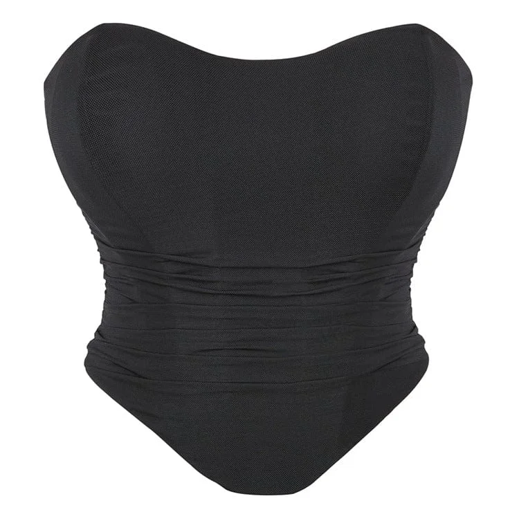 Women's Gothic Strappy Ruched Mesh Overbust Corset