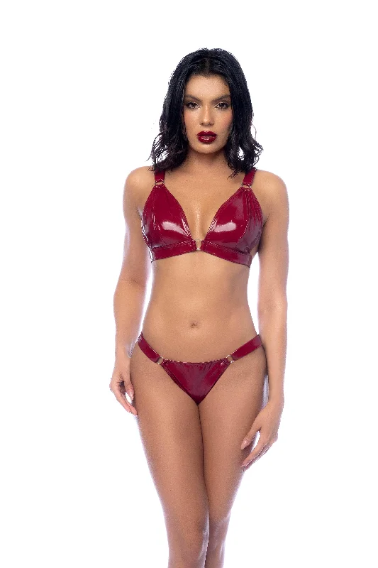 Extra Discounts Red Gloss Triangle Vinyl Bra & G-String Thong Panty Lingerie Set