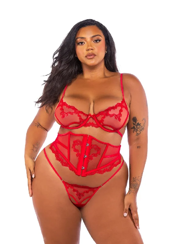 Special Discount Plus Size Red Embroidered Lace & Satin Bra, Waspie Corset & Thong Lingerie Special Discount Plus Size Red Embroidered Lace & Satin Bra, Waspie Corset & Thong Lingerie