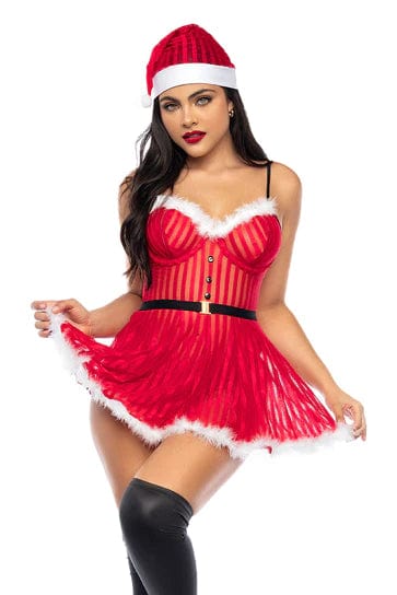 Weekend Specials to Love Peek-a-Boo Dress, Feather Trims, Belt, & Hat! Sexy Santa Costume