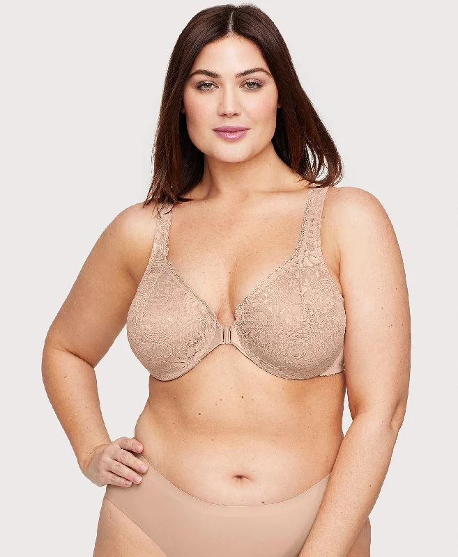 Shop and Save Front-Closure Stretch Lace WonderWire Bra Cafe