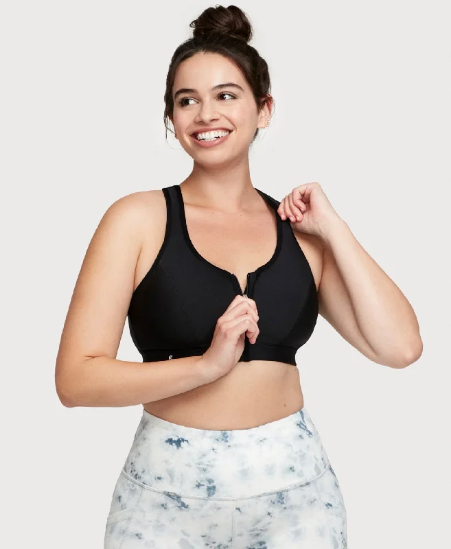 Half Price Front-Closure Zip Up Sports Bra Black