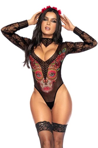 Clearance Items Mesh Bodysuit with Lace Sleeves, Collar & Headpiece Sexy Catrina Costume