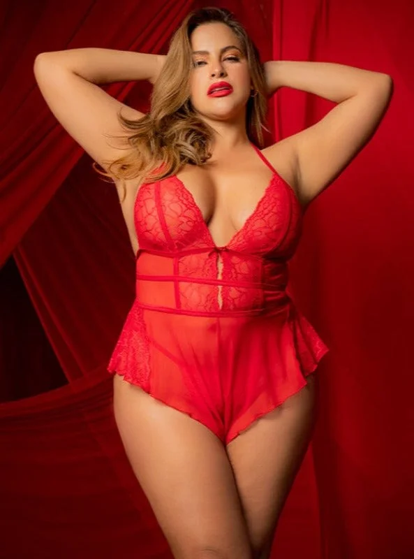 Plus Size Sexy Red Sheer & Heart Lace w/ Thong Romper Lingerie