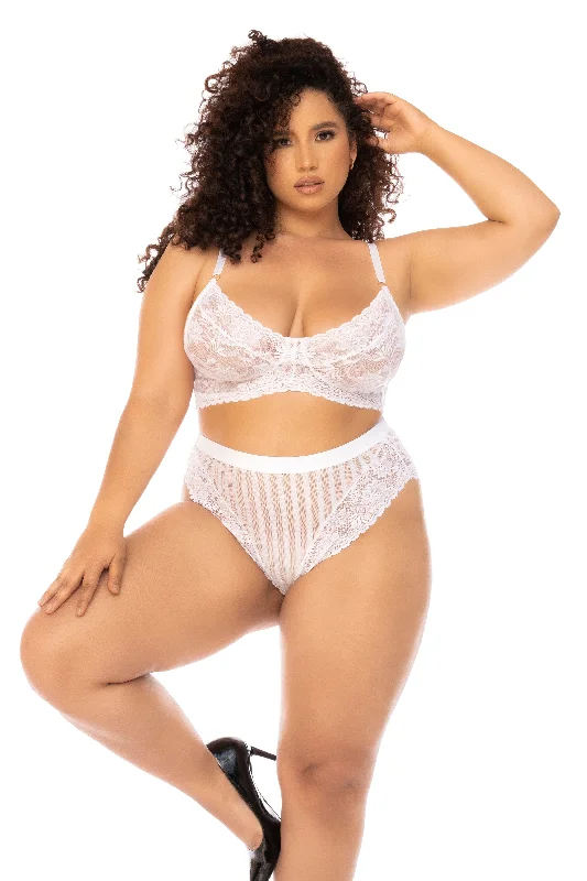 Final Markdown Plus Size Sexy White Mesh Floral Lace Bra & High Waisted Panty Lingerie