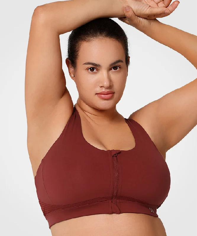 Stock Clearance Power Zip Front Criss Cross Padded Running Bra | Women's High Support Sports Bra (Plus Size)