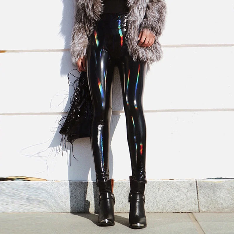 Vegan Leather High-Gloss Holographic Shaping Push Up Leggings